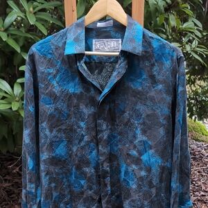 100% Silk Genelli Blue and Black Brushstroke Patterned Shirt
